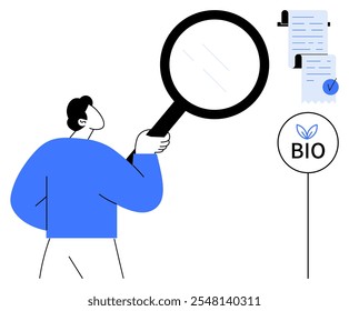 Hombre sosteniendo una lupa examinando documentos con una marca de verificación y una etiqueta biológica. Ideal para investigación, inspección de calidad, certificación, productos orgánicos y temas ambientales. Dibujos animados simples