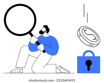 Man holding a magnifying glass, examining a coin and a lock, symbolizing scrutiny in financial security. Ideal for finance, cybersecurity, investment, analysis, research. Simple modern graphic style