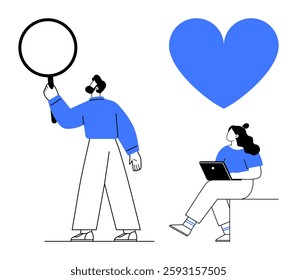 Man holding a magnifying glass, examining, while a woman uses a laptop seated beneath a blue heart. Ideal for teamwork, online dating, research, digital learning, collaboration, tech support