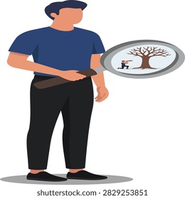Man holding magnifying glass examining small scene with person and tree vector illustration