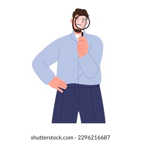 Hombre sujetando una lupa.  Ilustración vectorial plana aislada en fondo blanco
