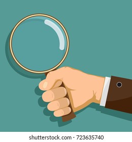 Man is holding a magnifying glass in his hand. Flat graphics. Search for evidence by detective. Stock vector illustration.