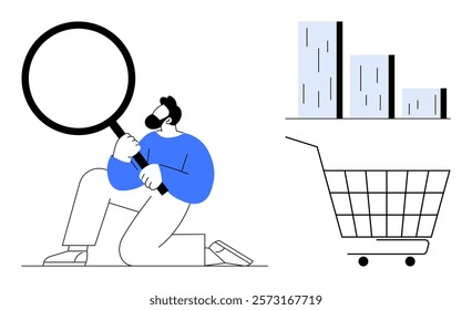 Man holding magnifying glass kneeling, bar graph showing growth, and shopping cart symbol. Ideal for business analysis, data visualization, market research, consumer behavior, and online shopping