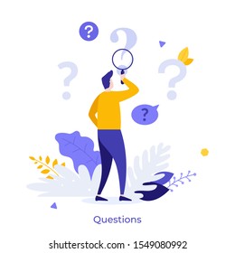 Man holding magnifying glass and looking through it at interrogation points. Concept of frequently asked questions, query, investigation, search for information. Modern flat vector illustration.