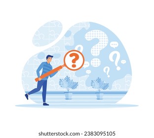 Man holding magnifying glass and looking through it at interrogation points. flat vector modern illustration 