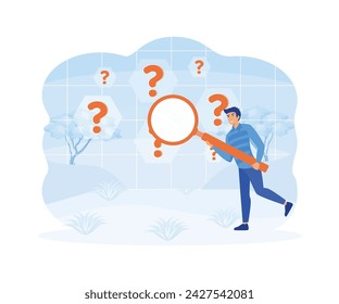 Man holding magnifying glass and looking through it at interrogation points. Concept of frequently asked questions, query, investigation, search for information. flat vector modern illustration svg