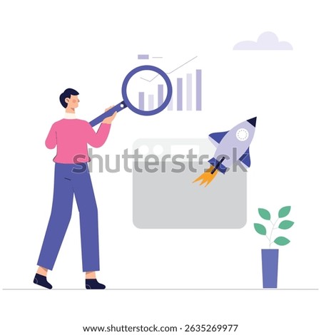 Man Holding Magnifying Glass Looking at Rocket Startup, 2D Illustration, Business Growth