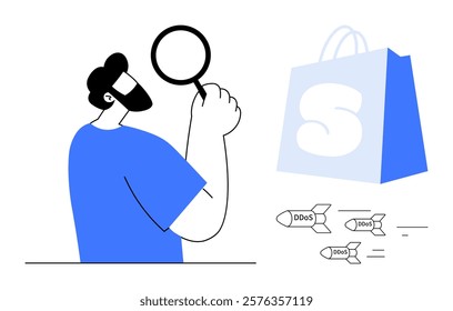 Man holding magnifying glass megaphone in hand, shopping bag with S letter, and missiles labeled DDoS. Ideal for cybersecurity, online shopping, data protection, network security, and digital