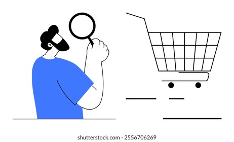 Man holding magnifying glass next to shopping cart. Ideal for e-commerce analysis, online shopping, product search, digital marketing, consumer behavior. Simple clean style