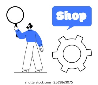 Man holding magnifying glass next to blue shop text in speech bubble and gear symbol. Ideal for business, commerce, search optimization, e-commerce, and shopping themes. Simple and modern style