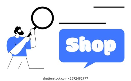 Man holding magnifying glass next to blue speech bubble with the word Shop. Ideal for shopping themes, online stores, marketing, customer search, and retail promotions. Simple cartoon style