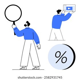 Man holding magnifying glass, person presenting tablet screen with play button, percentage symbol. Ideal for business presentations, marketing analytics, data analysis, educational material, online