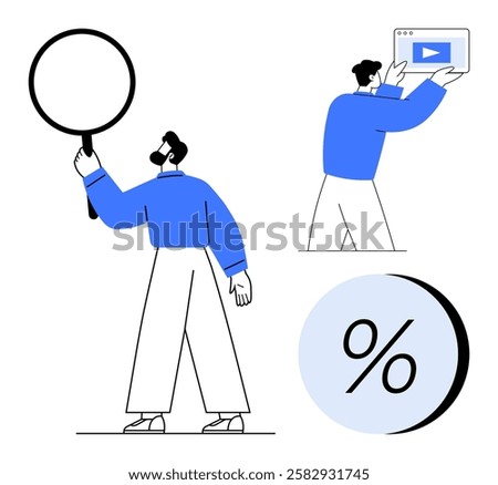 Man holding magnifying glass, person presenting tablet screen with play button, percentage symbol. Ideal for business presentations, marketing analytics, data analysis, educational material, online