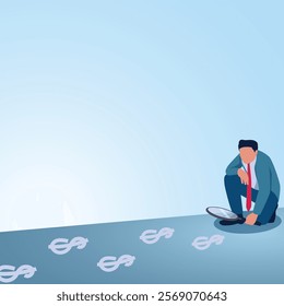 A man holding a magnifying glass is pointed at the money trail. Illustration for corruption investigation, bribery investigation and looking for traces of misappropriation of funds.