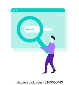Man holding magnifying glass at search bar in browser window. Trendy flat illustration.