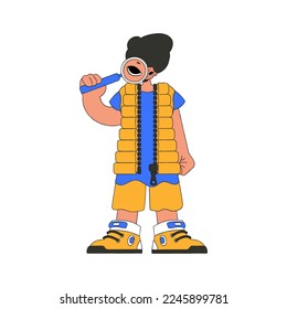 The man is holding a magnifying glass. Search for information. Linear retro style character.