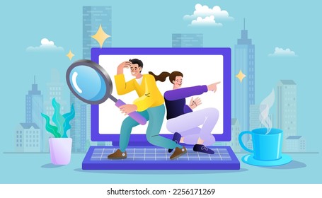 Man holding magnifying glass searching. Houses buildings geolocation. building selection. Investing, real estate, investment opportunity concept. Business concept vector illustration.