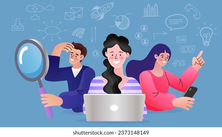 Man holding magnifying glass searching. investment opportunity concept. Job hiring and online recruitment. Human resources. Business concept vector illustration.