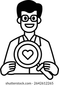 A man is holding a magnifying glass and smiling. Concept of curiosity and wonder