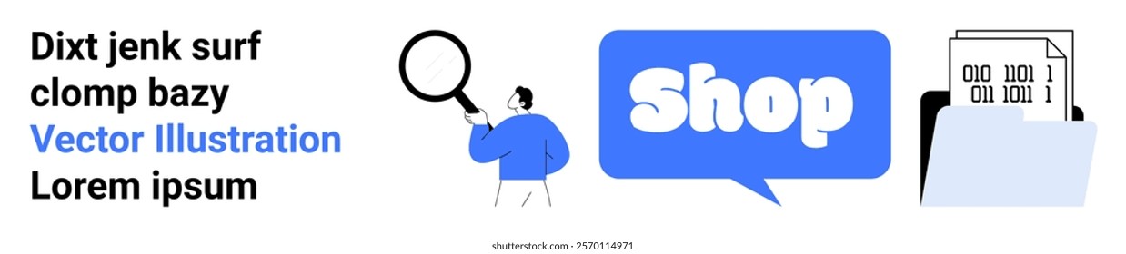 Man holding a magnifying glass, speech bubble with Shop in text, and folder with documents. Ideal for e-commerce, research, analysis, online retail, and business documentation. Banner for landing