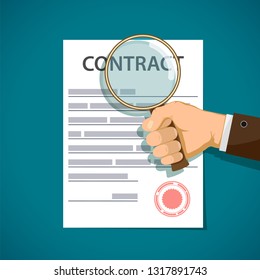 Man holding a magnifying glass and study contract. Vector illustration