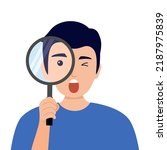 Man holding magnifying glass with surprising face in flat design on white background. Guy looking for something.