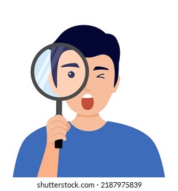 Man holding magnifying glass with surprising face in flat design on white background. Guy looking for something.