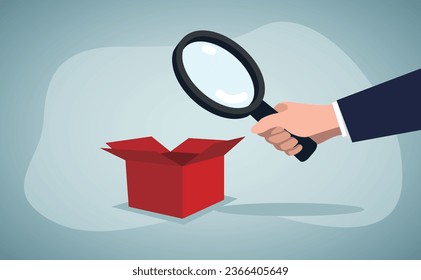 Man holding a magnifying glass trying to find the answer in an empty box, This is a set of business illustrations