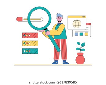Man holding magnifying glass, website data development. Design character. Vector flat illustration