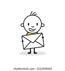 Hombre con un sobre de correo aislado en fondo blanco. Hombre de arte de la línea del doodle dibujado a mano. Ilustración de material vectorial.