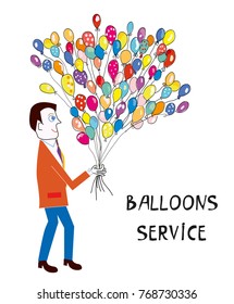 Man holding many balloons illustration for the present or service, vector graphics