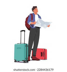 Man Holding A Map And Carrying Luggage, Looking Prepared To Travel. Image Promoting Travel-related Products And Services, Airlines, Hotels, Agencies, And Tour Companies. Cartoon Vector Illustration