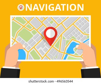 Man holding map with navigation. Finding the way concept. Flat vector illustration.