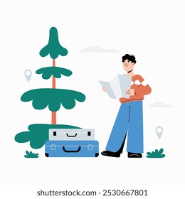 Man holding map near suitcase and tree in flat vector illustration symbolizing solo travel, outdoor exploration, and adventure, isolated on white background.