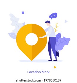 Man holding map pin. Concept of location mark, destination point, touristic route navigation, trip or journey planning, tourism and travel. Modern flat colorful vector illustration for banner, poster.