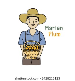 Man holding Marian Plum basket, Mayong Chid fruit, hand drawn style vector illustration.