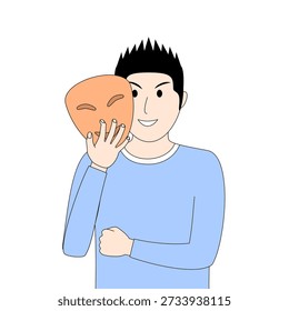 Ein Mann hält eine Maske und lächelt. Konzept von Verspieltheit und Humor