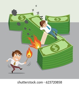 Man holding a match with fire arson business, vector illustration cartoon