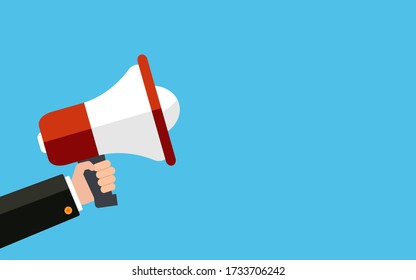 Man holding megaphone. Business and marketing illustration. Promotion banner. Flat style. - Shutterstock ID 1733706242