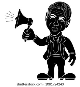 Man holding a megaphone and call through it, advertising concept cartoon vector stencil illustration