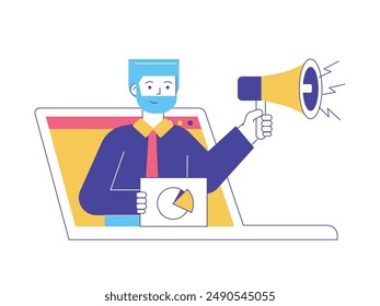 Hombre sosteniendo un megáfono y una carta saliendo de una laptop, trabajando en la industria creativa. Diseño de personajes. Ilustración plana de Vector