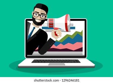 Man holding megaphone coming out from laptop. Email marketing, internet advertising concepts. Flat vector illustration. 