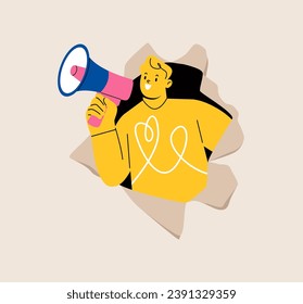 Man holding megaphone coming out from torn paper.  Colorful vector illustration
