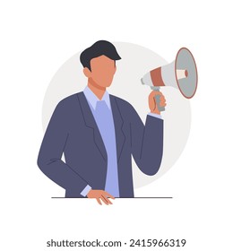Man holding megaphone. Concept of announcing, promotion, advertisement, speech, marketing. Flat cartoon isolated vector illustration