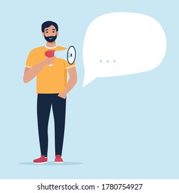 Man holding megaphone, and dialogue speech bubble. Vector illustration in flat style