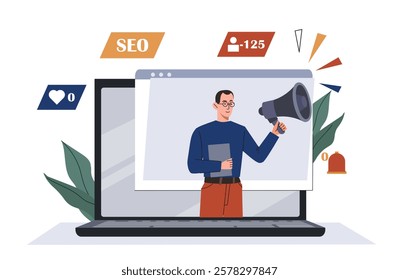 A man holding a megaphone emerges from a laptop screen, surrounded by SEO, notification, and follower icons. Vector illustration on a white background