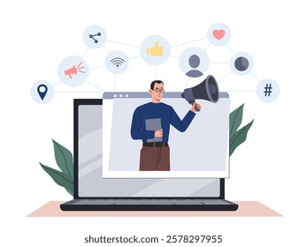 A man holding a megaphone emerges from a laptop screen, surrounded by SEO, notification, and follower icons. Vector illustration on a white background