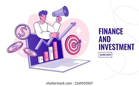 Man holding a megaphone with gold coins on graph. Influencer marketing concept. blogger promotion services and goods for her followers online. Flat cartoon vector outline illustration.
