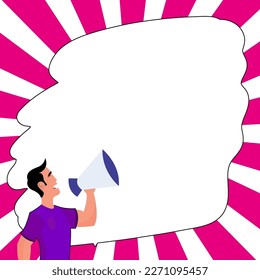 Hombre sujetando el megáfono y presentando información importante. Gran cuadro de diálogo blanco con el mensaje principal sobre fondo brillante. Ilustración del vector de color.