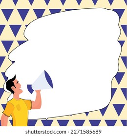 Man holding megaphone in hand and presenting important information. Big white dialog box with main message on bright background. Color vector illustration.